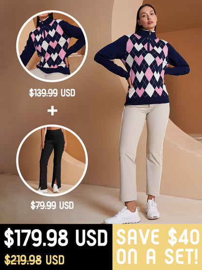 More Than Basic Golf Diamond Argyle Zip Sweater