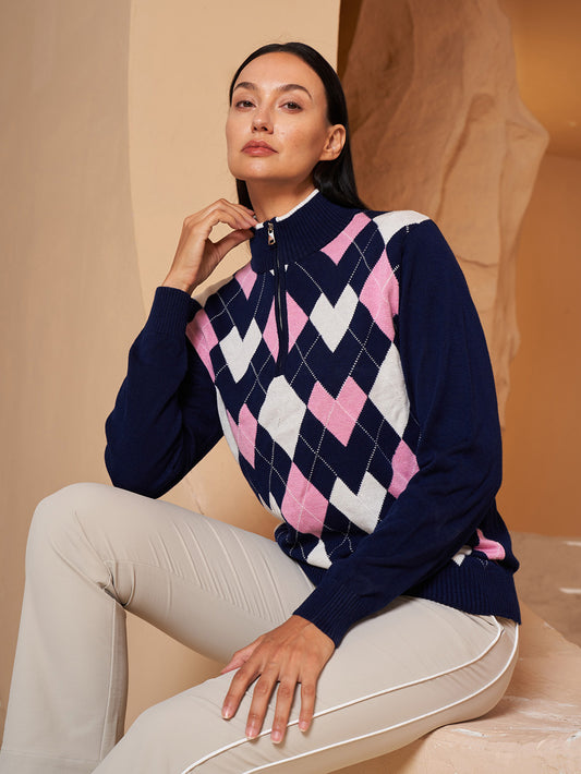 Golf Diamond Argyle-Pullover mit Reißverschluss