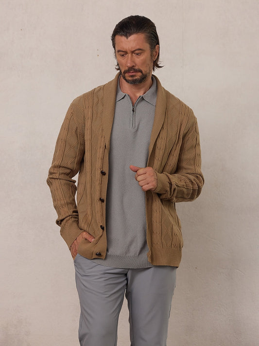 Cardigan con scialle in maglia a trecce da golf da uomo